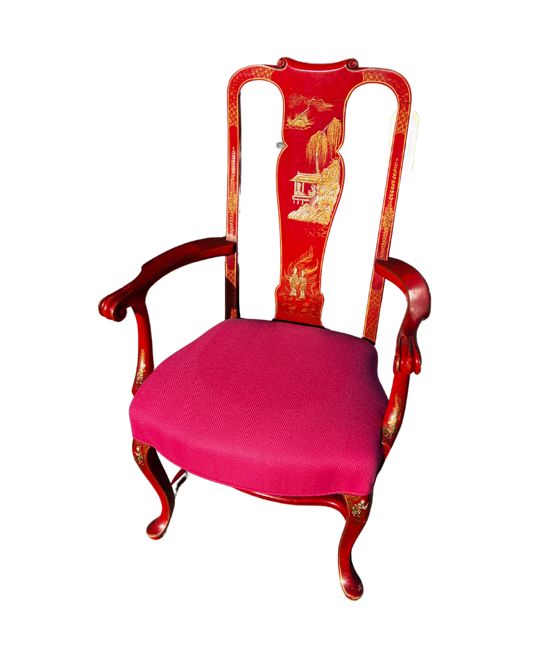 Pair Red Chinoiserie Queen Anne Arm Chairs