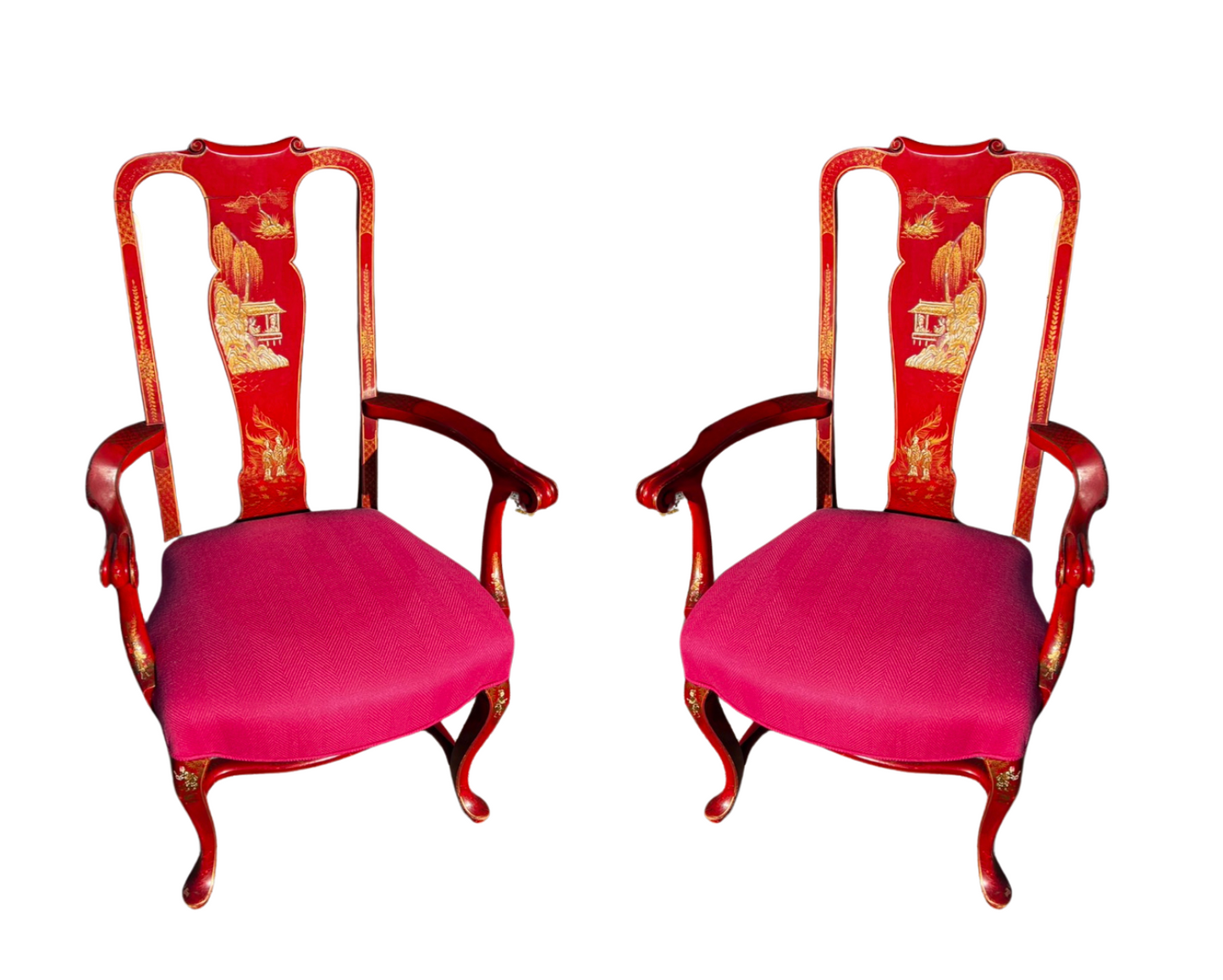 Pair Red Chinoiserie Queen Anne Arm Chairs
